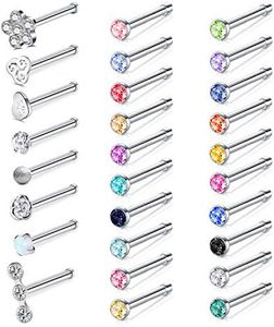 Zolure 20 Gauge Nose Stud Rings Surgical Steel Nose Pin Bone Studs Nose Piercing Jewelry Set L Shape Nose Studs Screw Surgical Stainless Steel Nose Rings Hoop, Stainless Steel,Steel,Stone, cubic-zirconia