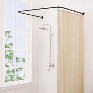 Yampos U Shaped Shower Curtain Rod, [Both Sides: 23.6"-52", Middle: 30"-46"] Adjustable U Shape Outdoor Shower Rod Corner Curtain Pole for Bathroom Bathtub with 12 Hooks & Ceiling Support