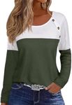 Zeagoo Womens Casual Fall Shirts Long Sleeve Crewneck Tunics Color Block Pullover Shirts Waffle Knitted Jumper Tops Tunics Blouses,Army M