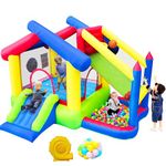 WELLFUNTIME Inflatable Bounce House with Slide, Jumping Castle with Blower and Ball Pool, Basketball Game, Dart Target Game