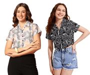 TOPLOT Women's Casual Printed Crop Shirt with Half Sleeve Pack of 2 (COMBO-5059-BLK-TRE-S)