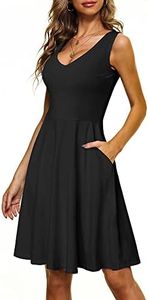 HUHOT Black Dress for Funeral Cotton Black Witch Dress Sleeveless Casual V Neck Dress with Pocket Summer Beach Midi Flared A Line Tank Dress