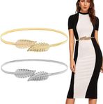 ROLMZJX 2 Pcs Women Elastic Waist Belt, Stretch Metal Leaf Belts for Women Girls Silver and Gold Dress Belt Interlocking Buckle 27.5 x 0.39 inches