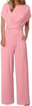 Happy Sailed Jumpsuits for Women Dressy Loose Casual Short Sleeve Belted Wide Leg Pant Romper One Piece Jumpsuit for Cocktail Party with Pockets Pink Large