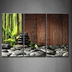 3 Panel Wall Art Green Spa Concept Bamboo Grove and Black Zen Stones On The Old Wooden Background Painting Pictures Print On Canvas Botanical The Picture for Home Modern Decoration Piece