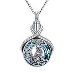 POPKIMI Wolf Jewelry [ Wolf Necklace/Urn Necklace] Sterling Silver Crystal Opal Howling Wolf Pendant Necklace for Wolf Lover Women Men Mom Friend Birthday, Metal, Cubic Zirconia