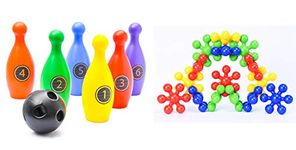 Bowling Set with 6 Big pins and 1 Ball Educational Toys for Kids (Multicolor) (Bowling Set + 12 Pcs Star Links)