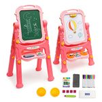 Art Easel for Kids, Height Adjustable 360° Rotate Standing Kids Easel, Double Sided Art Drawing Board with Chalkboard & Whiteboard, Toddler Easel with Painting Accessories for Boys and Girls, Pink