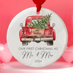 Wedding Gifts for Couples 2024 - First Christmas Married Ornament, Just Married Ornaments, Mr & Mrs Gift Ideas for Newlywed, Bridal Shower Bride Presents, 1st Xmas Married Ceramic Ornament w/Gift Bag