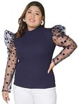 Buynewtrend Plus Size Carrera Polka Dot Net Top for Women (3XL, Navy Blue)