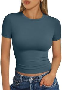 Trendy Queen Womens Basic T Shirts Scoop Neck Short Sleeve Crop Tops Slim Fit Summer Tees Y2k Clothing 2025 Haze Blue M