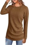 Febteebou Fall Sweaters for Women Casual Long Sleeve Crewneck Button Shirts Lightweight Ribbed Knit Dressy Tops Blouses