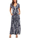 OUGES Womens' V-Neck Pattern Pocket Maxi Long Dress, White Wavy Striped Floral, Medium