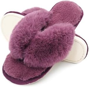 Onmygogo Rabbit hair Indoor Thong Slippers for Women Open Toe with Memory Foam, Soft Faux Fur Nonslip House Slippers(Plum,L)