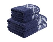 La Maison Jacquard Rosa Floral Border 100% Cotton 500GSM Luxury Hand Towel Bath Towel Super Soft Highly Absorbent Everyday Use (4 Piece Bale Set, Navy)