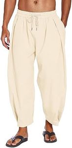 COOFANDY Men's Cotton Linen Harem Pants Drawstring Casual Cropped Trousers Lightweight Loose Beach Yoga Pants with Pockets Beige
