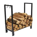 Sunnydaze Log Rack Firewood Holder with Hooks - Indoor/Outdoor 30-Inch Black Steel Metal Fireplace Wood Storage Stand with Holders for Fireside Tools and Accessories