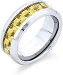 Geometric Pattern Golden Carbon Fiber Inlay Couples Titanium Wedding Band Rings for Men for Women Silver Tone 8MM