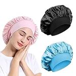 3 Pack Satin Bonnet, Night Sleep Caps with Wide Elastic Band, Silk Wrap, Soft Head Cover Sleeping Hat for Women and Girls Curly Hair (Pink,Black,Blue)