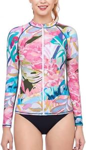 AXESEA Women Rash Guard Long Sleeve Swimsuit UPF 50+ UV Sun Protection Zip Front Shirt Printed Surfing Shirt Top Red&Green-2 US 4