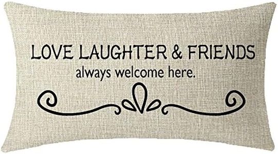 ITFRO Nice Gift to Sister Friends with Quote Sayings Love Laughter and Friends Always Welcome Here Couch Sofa Decorative Lumbar Cotton Linen Throw Pillow Case Cushion Cover Rectangular 12x20 inches