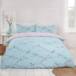 Dreamscene Floral Reversible Duvet Bedding Linen Set, Duck Egg Blush Pink Bird Print, 3pcs, Double