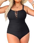 Yonique Women Plus Size One Piece Swimsuits Tummy Control Bathing Suits Vintage Swimwear, Black, 12 Plus