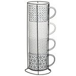 Tok Mark Traders Jumbo Geo Embossed Stacking Ceramic Coffee Mugs with Holder 4pk Stackable for Easy Storage Patterns Tea Cup for Office and Home Gift Microwave and Dishwasher Safe