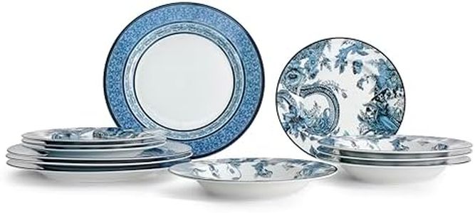Marchesa Monarcha 12-Piece Dinnerware Set Porcelain, Plates and Bowls Set, Dishwasher and Microwave Safe, Dish Set for 4, Blue
