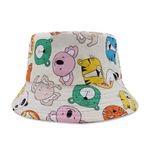 VRITRAZ Stylish and Trendy Printed Flex Bucket Hat with Strap for Girl's, Boy's, Kids Caps, Hats for Beach (Color-Animal Beige, 3 to 10 Years)