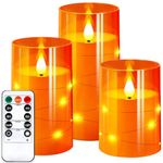 NURADA Flameless Candles with Remote Timers: Built-in Star String Lights 3D Wick Battery Operated Flickering LED Candle Electric Candles for Halloween Pumpkin Lanterns Fall Decoration Orange 3 Pack