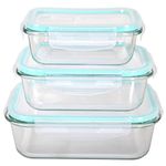 HOCHSTE Glass Food Storage Container Set with Plastic Lids (3 Pcs Set)- Healthy Meal Prep Boxes with Airtight Lids Dishwasher, Oven, Microwave & Freezer Friendly Teal - Rectangle