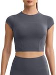 ENERBLOOM Workout Crop Tops for Women Yoga Short Sleeve Mild Support Slim Fit Cropped Athletic Shirts Gym Tee Built in Bra Gray X-Large