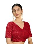 Pujia Mills Women's Indian Ethnic Wear Designer Silver Sequence with Matching Embroidered Work V Neck Half Sleeve Readymade Padded Saree Blouse Readymade Unique Red Color Saree Blouse