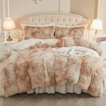 EMME Luxury Khaki Fuzzy Duvet Cover Set Queen Size Fluffy Comforter Cover Set for Queen Bed Shaggy and Plush Soft Bedding Duvet Covers (Tie Dye Khaki, Queen)