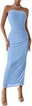 PRETTYGARDEN Women's Summer Maxi Bodycon Dresses Strapless Tube Top Printed Long Party Club Slit Dress (Solid Light Blue,Large)