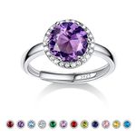 Bestyle 925 Sterling Silver Round Crytsal Cubic Zirconia Rings | Classic Silver February Amethyst Crystal Birthstone Rings for Women, Great Birthday Gift for Daughter/Wife/Mom/Grandma