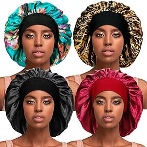 Dumrotite 4 Pieces Silky Sleep Bonnet for Curly Hair, Large Women Hair Bonnets Satin Sleeping Cap Night Cap for Women Hair Care