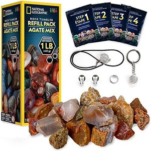 National Geographic Rock Tumbler Refill Kits - 1 Lb Mix of Rocks for Tumbling, 5 Jewelry Fastenings & Rock Polishing Grit