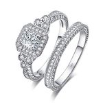 JewelryPalace White Gold Plated 925 Sterling Silver Rings Women Promise Ring, Engagement Rings for her, Vintage Thick Wedding Rings, 2ct Princess Cut Halo Simulated Diamond Ring Set