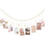 Hanging Photo Display with Clips, Photo Garland String with Wooden Beads, Boho Picture Frames Collage Wall Decor for Bedroom, Office, Dorm, and Party Decor(9Pcs Clips + 6Pcs Wooden Heart Tags)