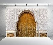 BELECO 10x6.5ft Fabric Antique Moroccan Palace Door Backdrop Middle Eastern Architecture Palace Entrance Floral Arabesque Wall Background Birthday Party Morocco Party Decor Photo Studio Props