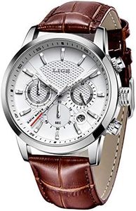 LIGE Men's Watches Fashion Luxury Sport Analog Quartz Chronograph Waterproof Watch for Male Classic Casual Brown Leather Elegant Gents Dress Wristwatch Calendar White Round Dial…