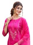 INDO ERA Women's Embroidered Silk Blend Calf Length Straight Kurta Pant with Dupatta Set (IEOUT7453_Small) Pink