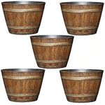 Classic Home and Garden Whiskey Resin Flower Pot Barrel Planter, Outdoor Use for Planting, Oak Brown, 9" (5 Pack)