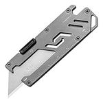 KUNSON Stainless Steel Keychain Utility Knife, Portable Pocket Retractable Box Cutter for Cartons, Cardboard and Boxes, Office and Home EDC Use Extra 5 Blades Included, Grey