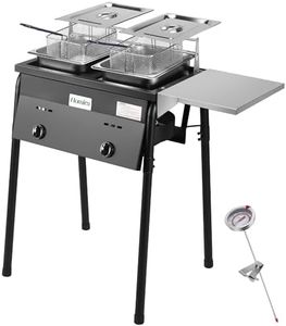 HOMIRA Iron Two-Tank Propane Deep Fryer with Thermometer, 2 Stainless Steel Baskets and Lids Fish Fryer with Adjustable Temperature Regulator, Outdoor Dual Fryer for Frying