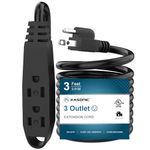 3-Feet 3 Outlet Extension Cord, Kasonic UL Listed, 16/3 SJTW 3-Wire Grounded, 13 Amp 125 V 1625 Watts, Multi-Outlet Indoor/Outdoor Use, Black