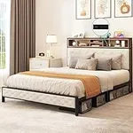 YITAHOME Queen Size Bed Frame, Platform Bed Frame with Charging Station, Upholstered Storage Headboard & Footboard Metal Slats Supports Mattress Foundation, No Box Spring Needed, Beige