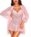 RSLOVE Women's Lace Lingerie Babydoll - Sexy Nightdress Robe Mesh Sleepwear Set Pink XL